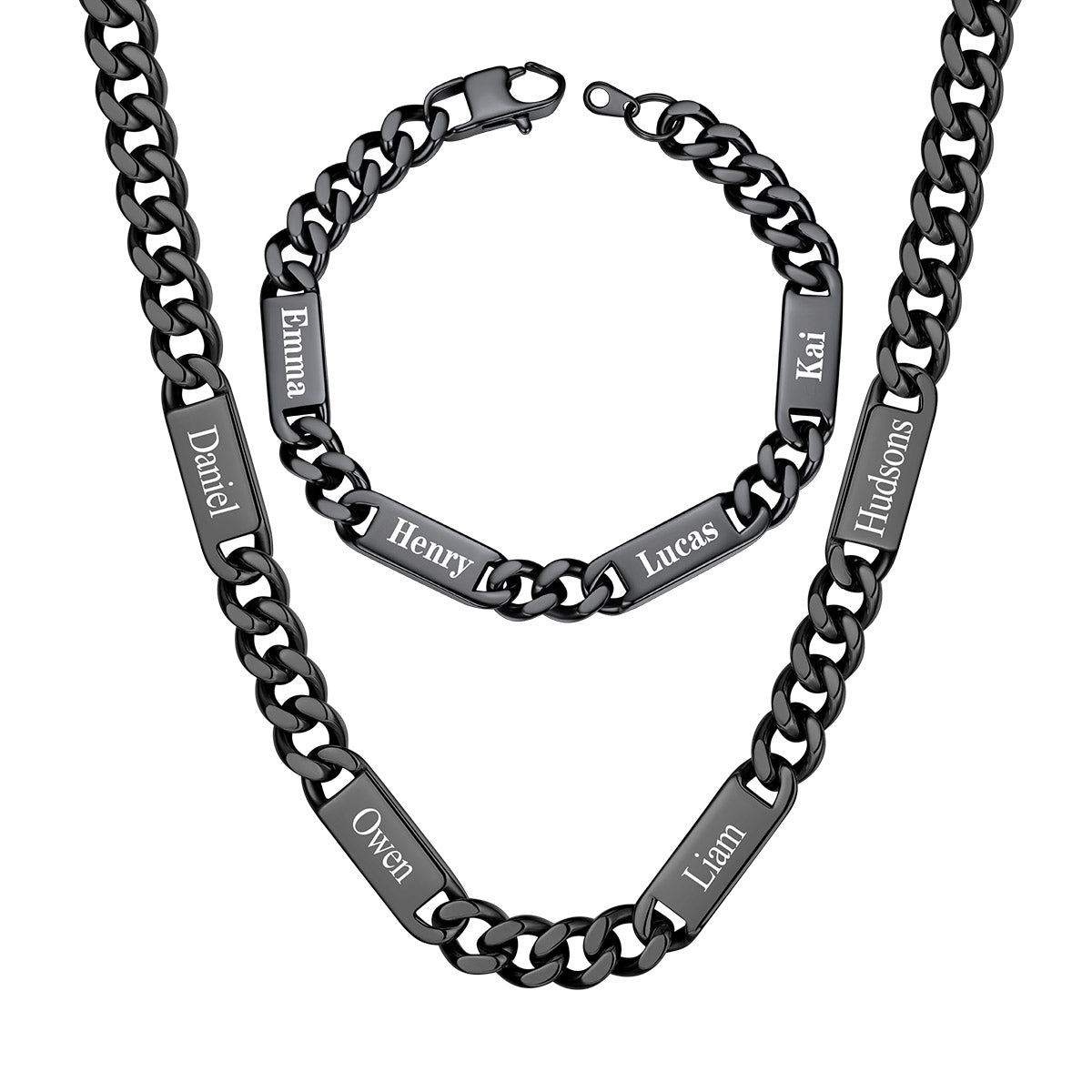 Cuban Chain Necklace Bracelet Set 9mm 4 name Black
