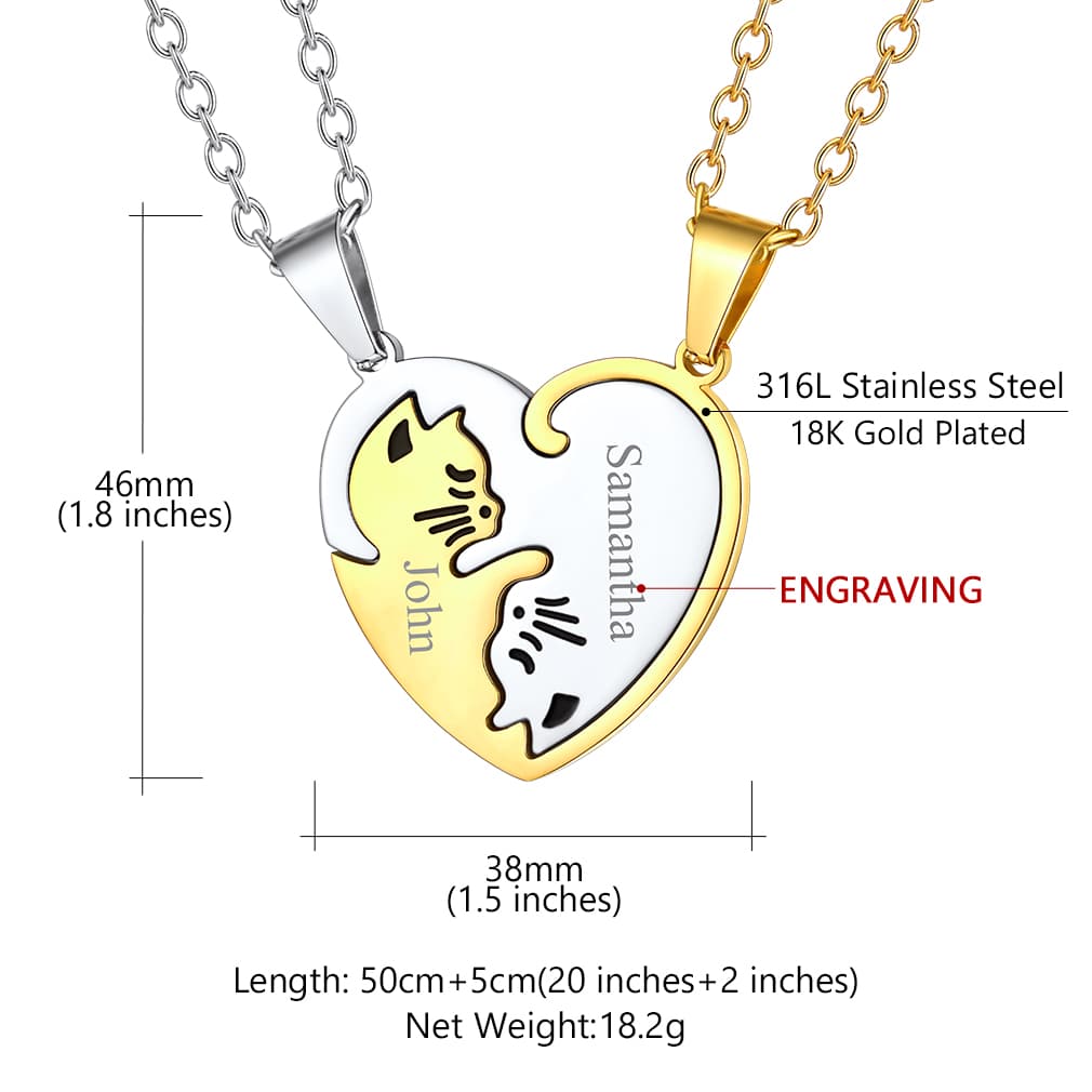 Custom Cat Heart Matching Necklace For Couple