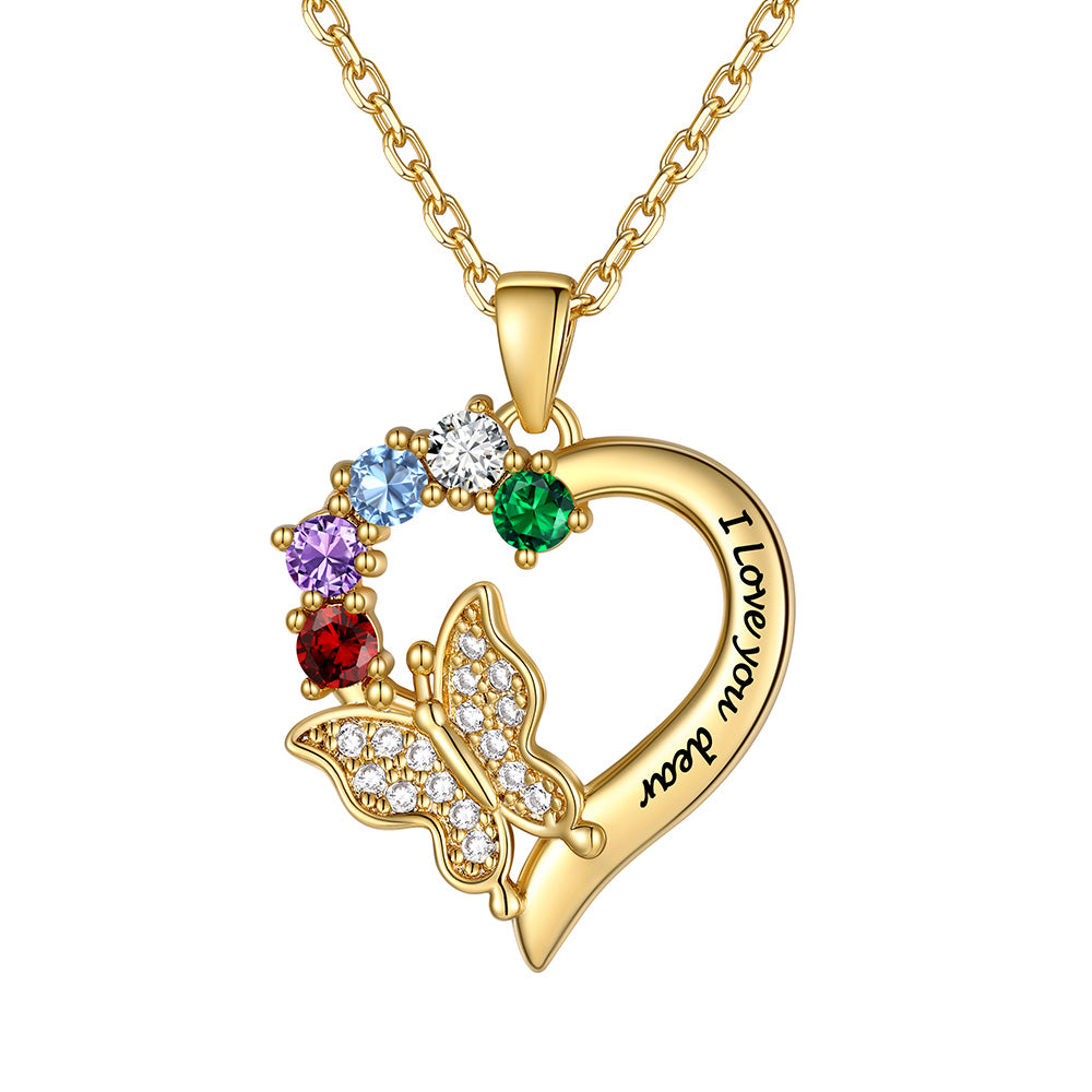 Custom 5 Birthstones Butterfly Heart Necklace Gold Plated