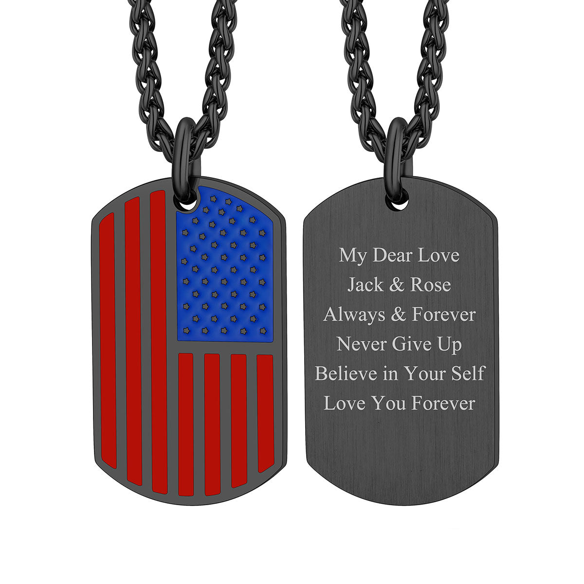 Custom Engraved American Flag Dog Tag Necklace Black Plated