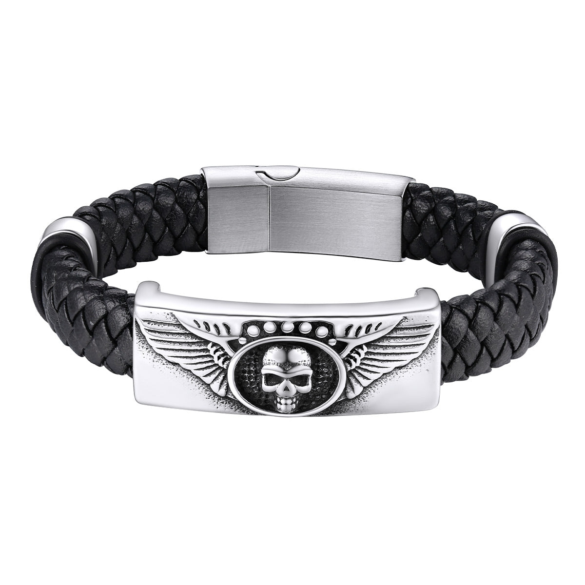 Custom Engraved Leather Braided Skull Wing Bracelet – BIRTHSTONES