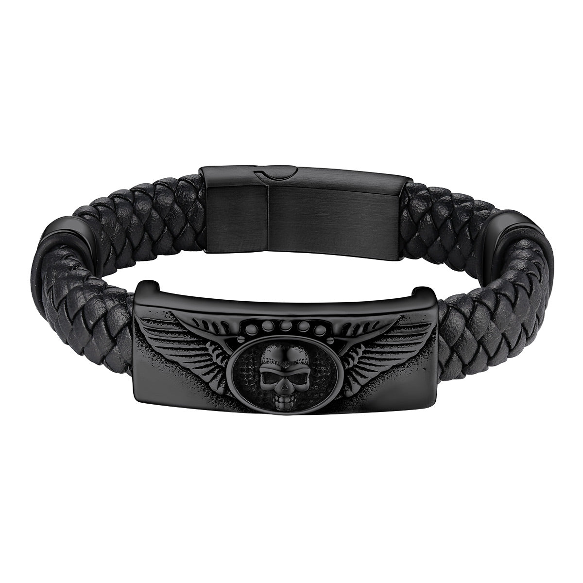 Custom Engraved Leather Braided Skull Wing Bracelet Black Plated