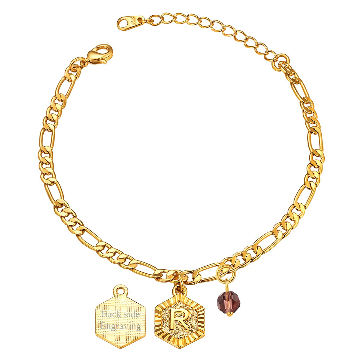 Custom Figaro Chain Initial R Birthstone Charm Anklet