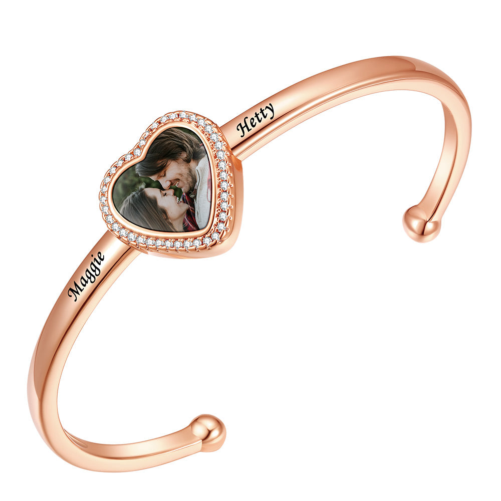 Custom Heart Picture Cuff Bracelet for Women Rose Gold