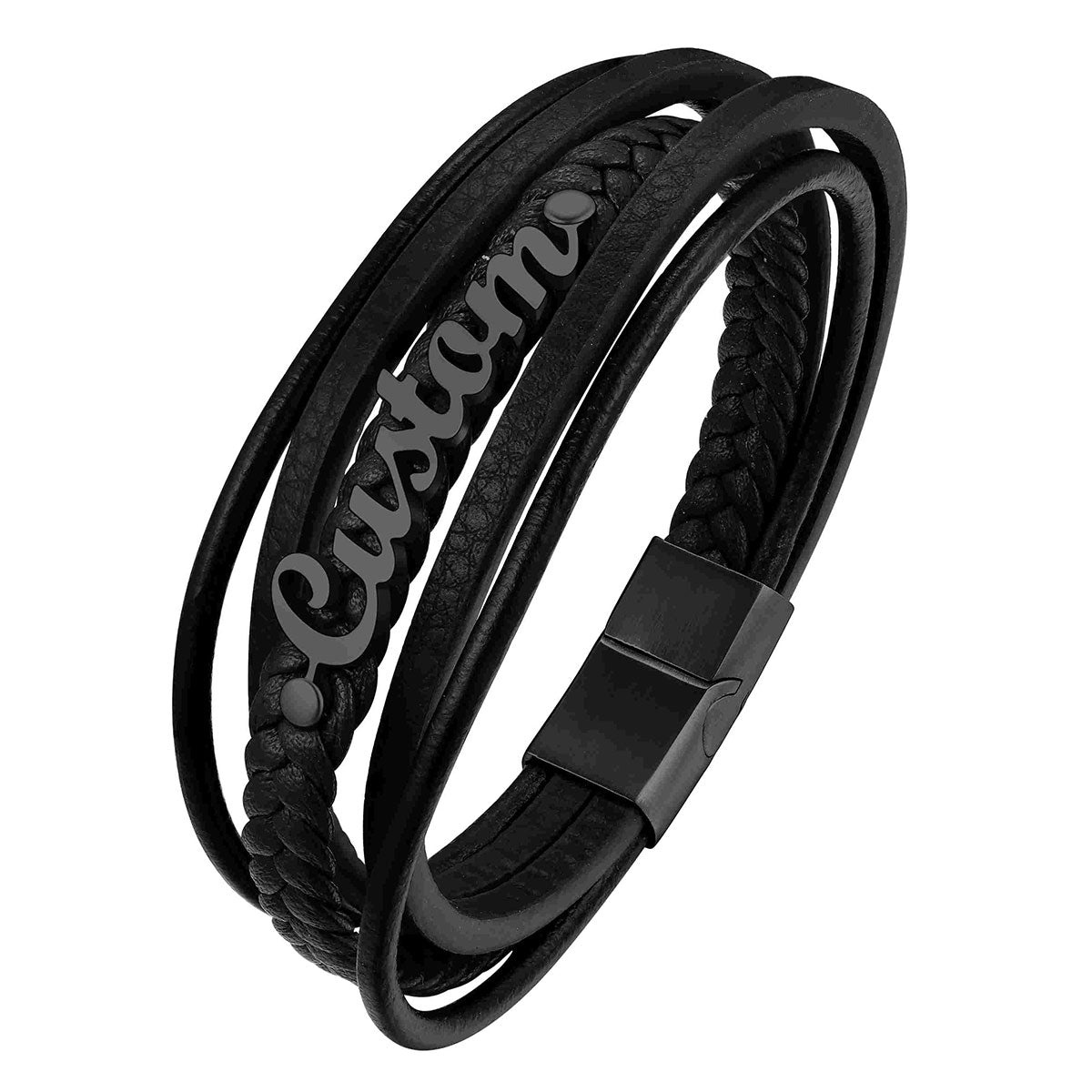 Custom Name Braided Leather Bracelet Black Leather