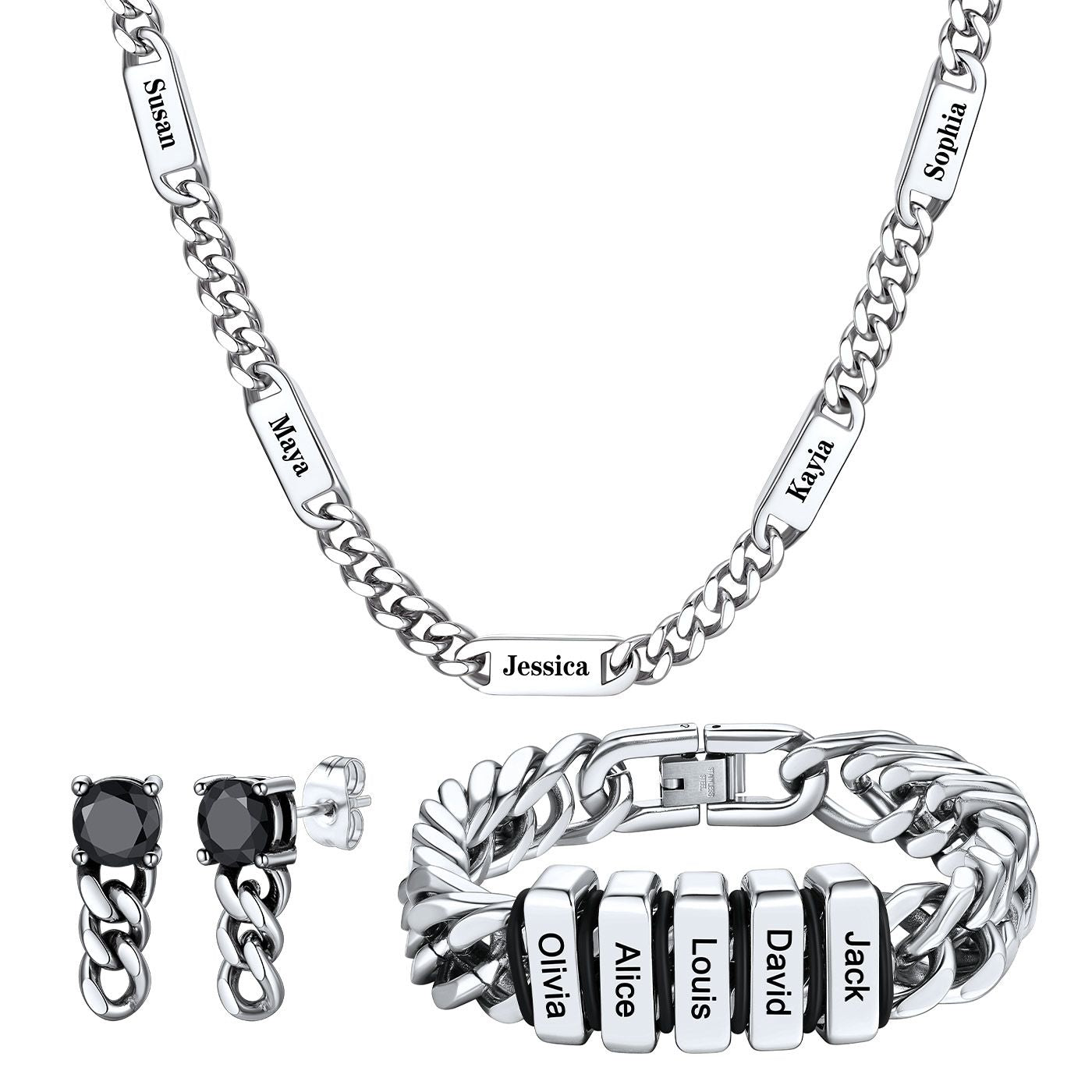 Custom Name Cuban Chain Necklace Bracelet Earrings Set