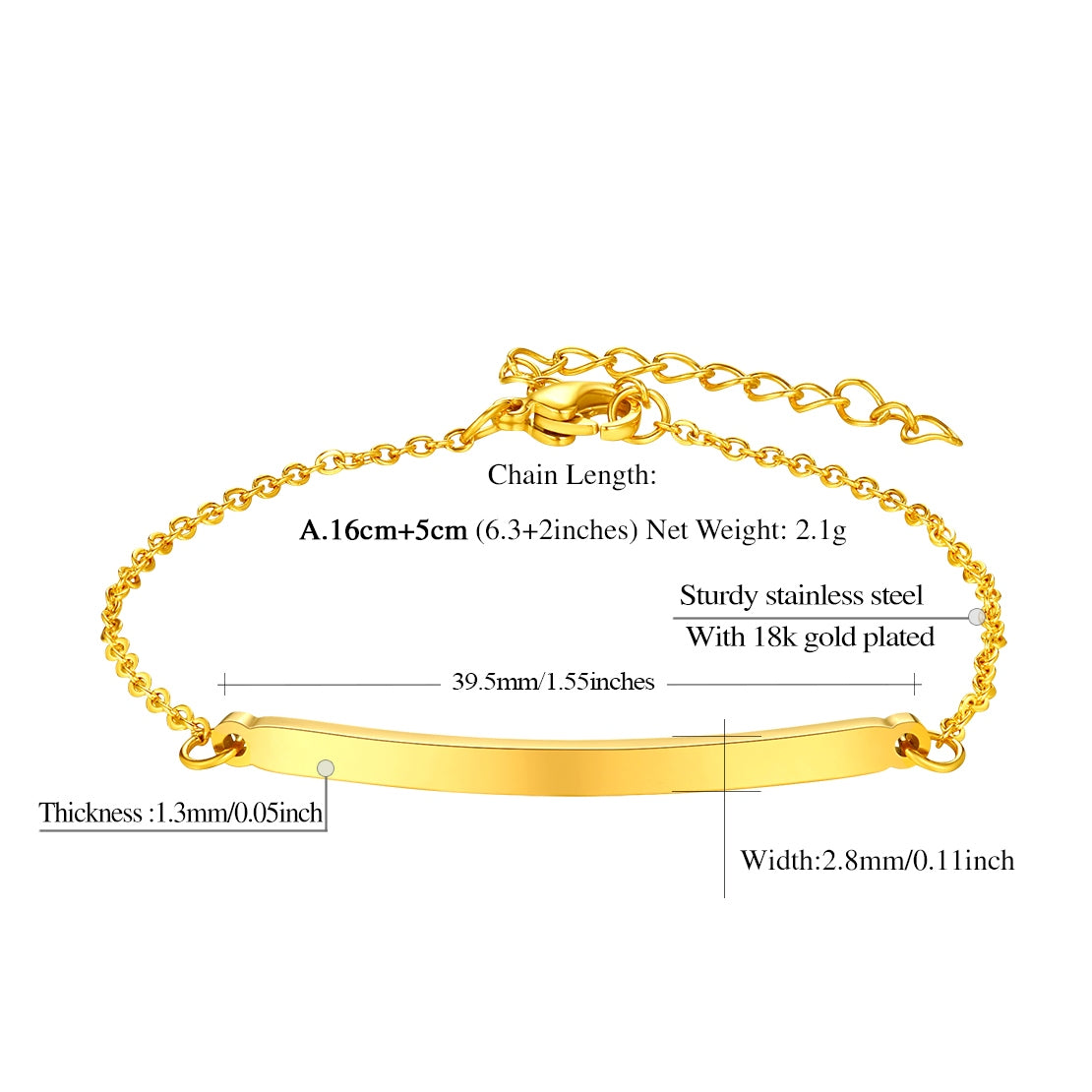 Custom Name ID Bar Bracelet dimension, durable