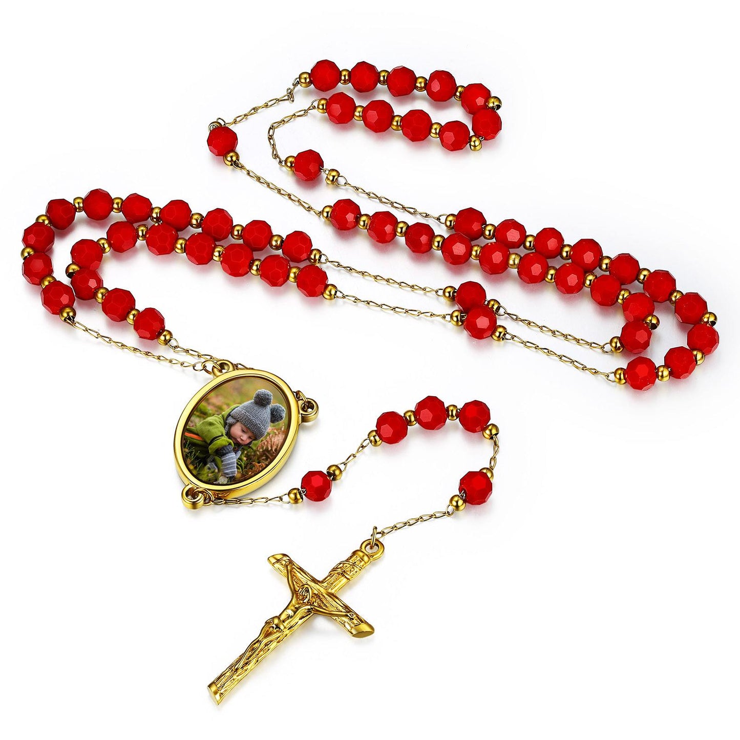 Custom Photo Rosary Beads Cross Necklace Red Stone
