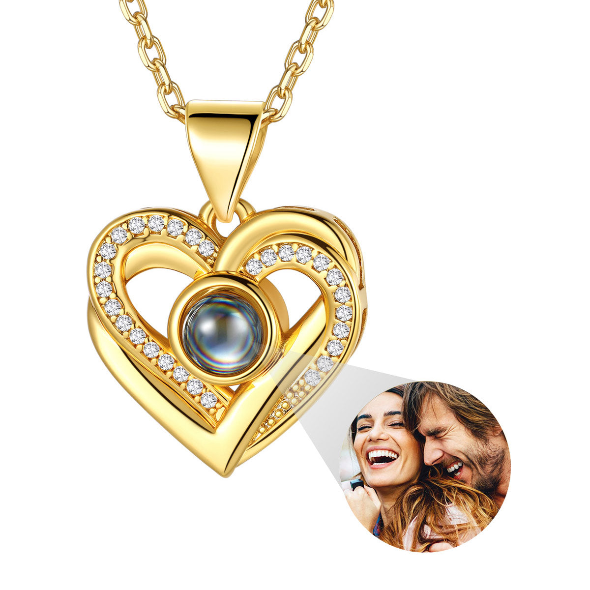 Custom Picture Projection CZ Heart Necklace Gold Plated