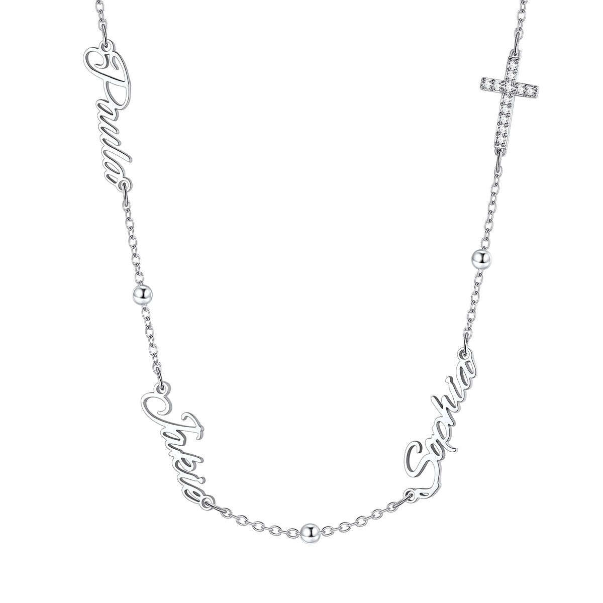 Custom engraved nameplate necklace with cross detail on a white background