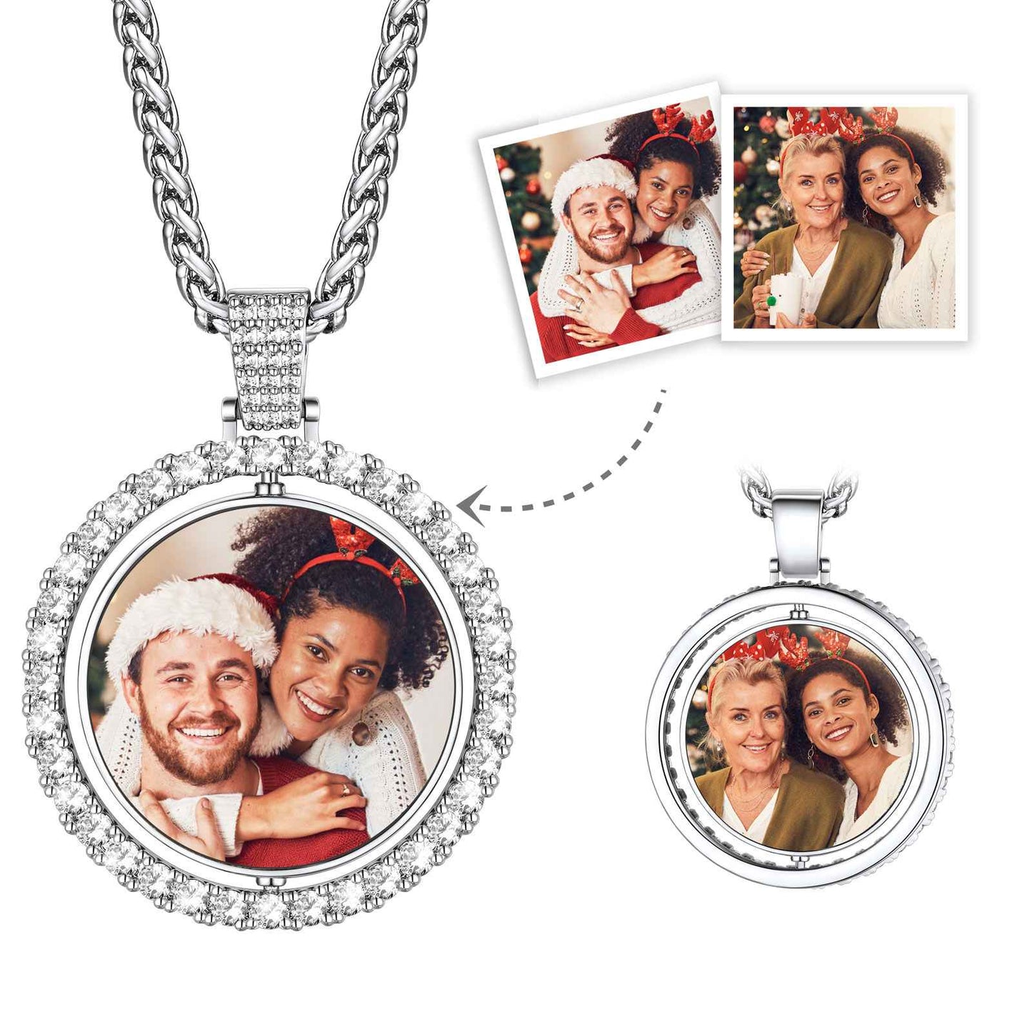 Customized Double Sided Picture Necklace With Cubic Zirconia for Christmas