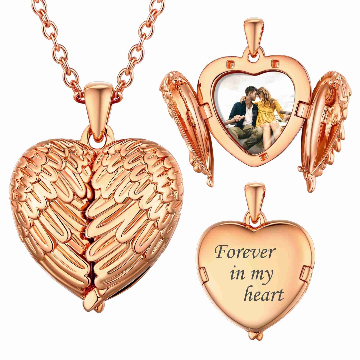 Customized Heart Photo Necklace Angel Wings Locket Rose Gold