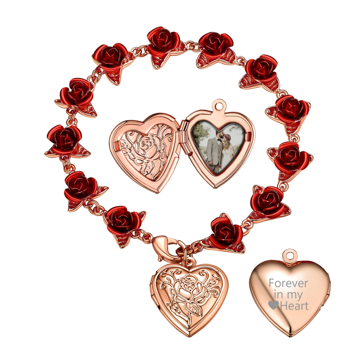 Personalized Rose Flower Heart Locket Picture Bracelet