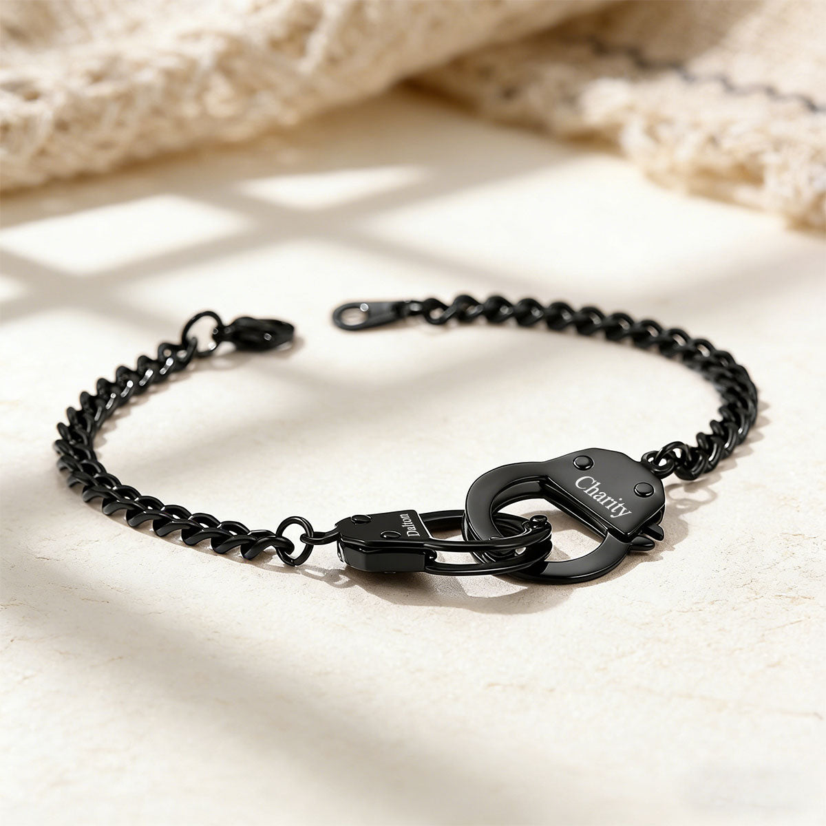 Engravable Handcuff Chain Bracelet Black Plated