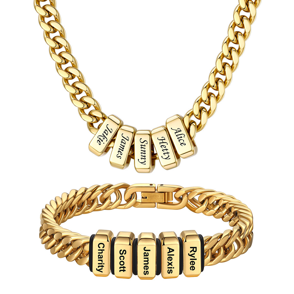 Engraved 5 Names Cuban Link Necklace & Bracelet Set Gold Plated