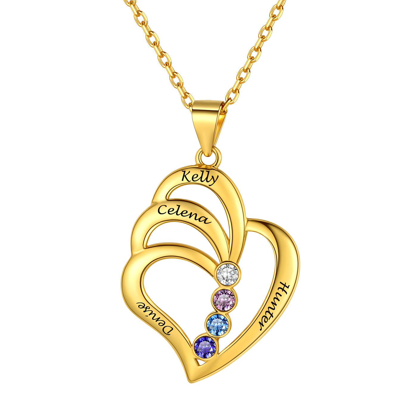 Engraved Name Family Necklace for Women 4 Stones Gold Plated CP14789