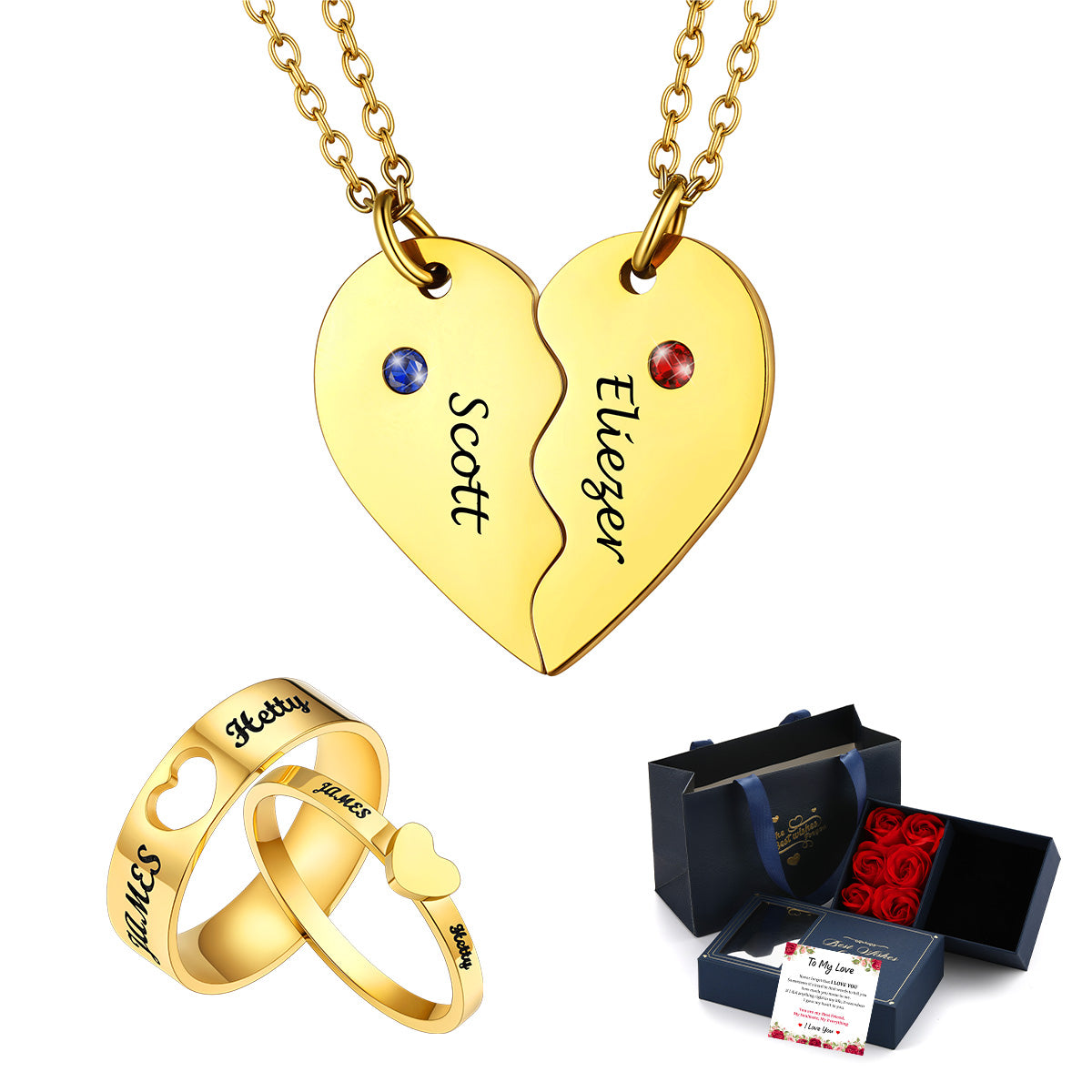 Personalized Matching Heart Necklace and Ring Set for Couples