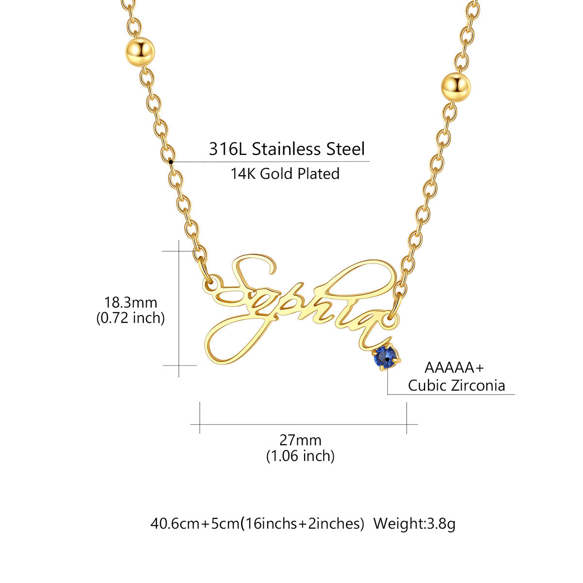 Gold-plated stainless steel name necklace with a script-style pendant, shown with dimension labels and text including '316L Stainless Steel', '14K Gold Plated', '18.3mm (0.