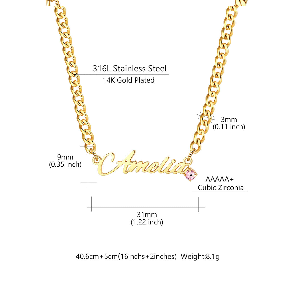 Gold-plated stainless steel name necklace with the name 'Amelia' in cursive script, featuring a small pink cubic zirconia gemstone, shown with detailed dimension and material specifications on a white background.