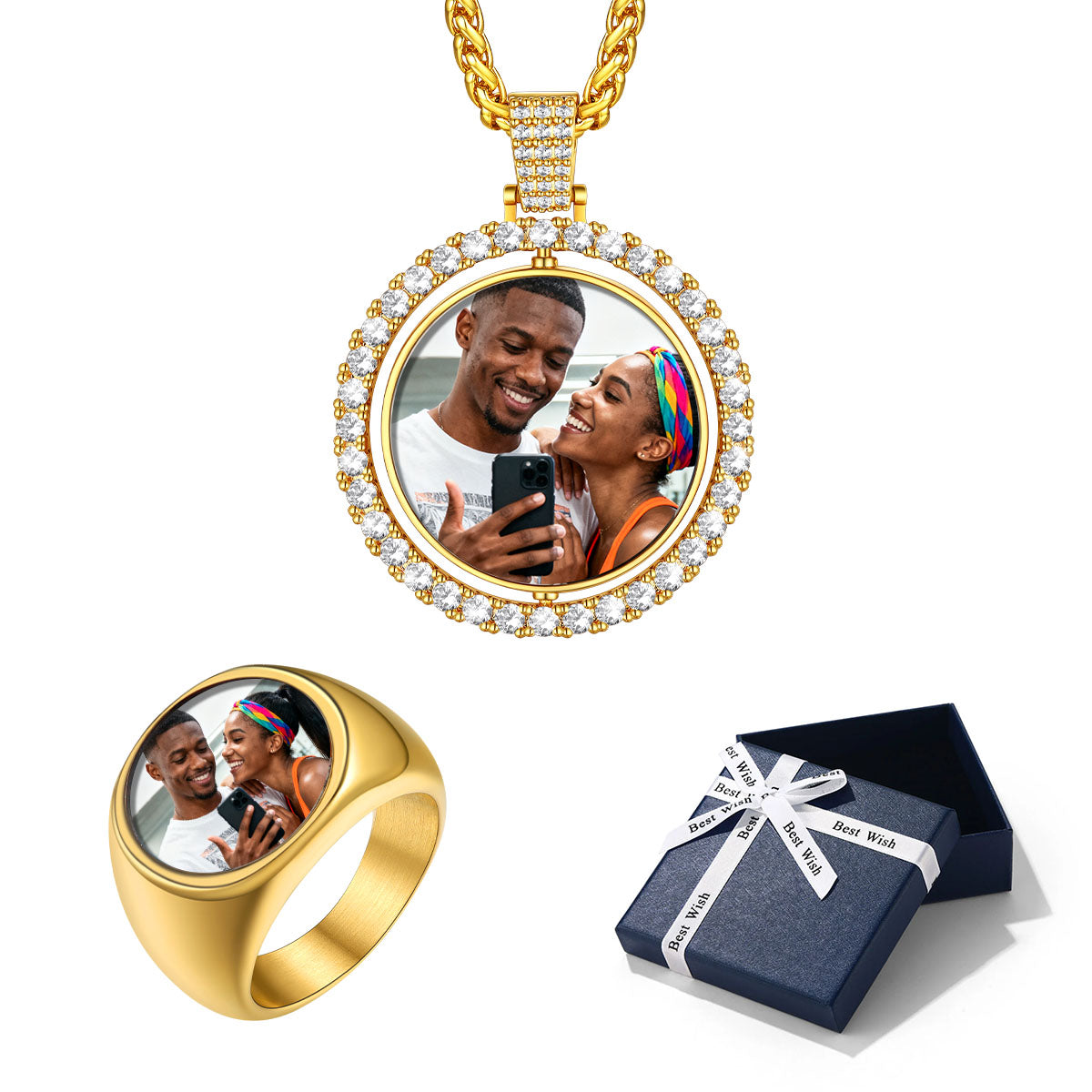 Gold Custom Photo Necklace and Ring Set with blue gift box