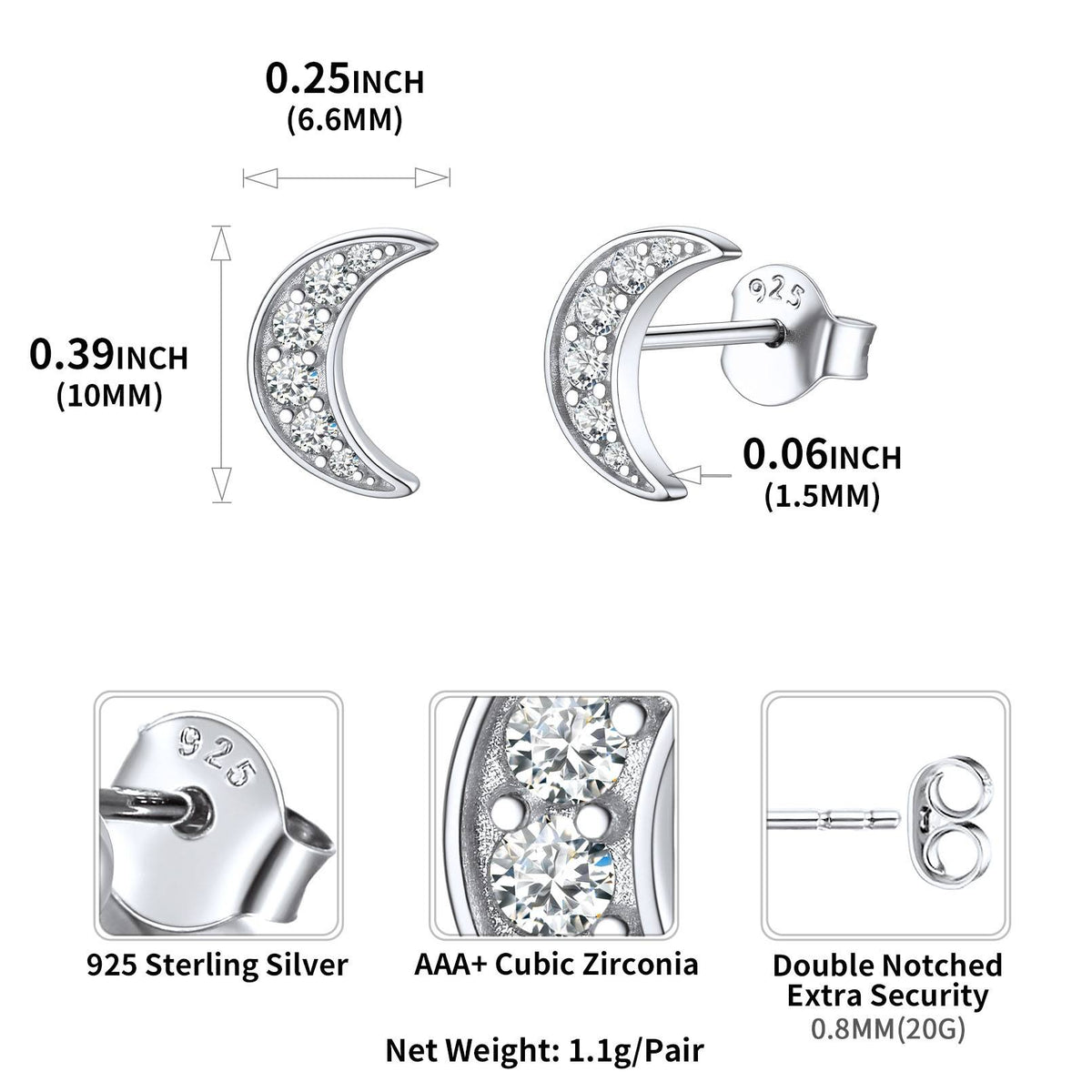 Gold Plated CZ Moon Stud Earrings: Dimension, Solid, Durable