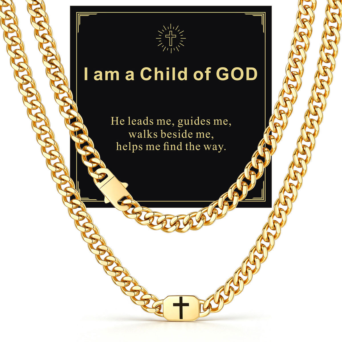 Gold Plated Custom Cross 9mm Cuban Link Chain Necklace in Stainless Steel with greeting card I am a Child of GOD