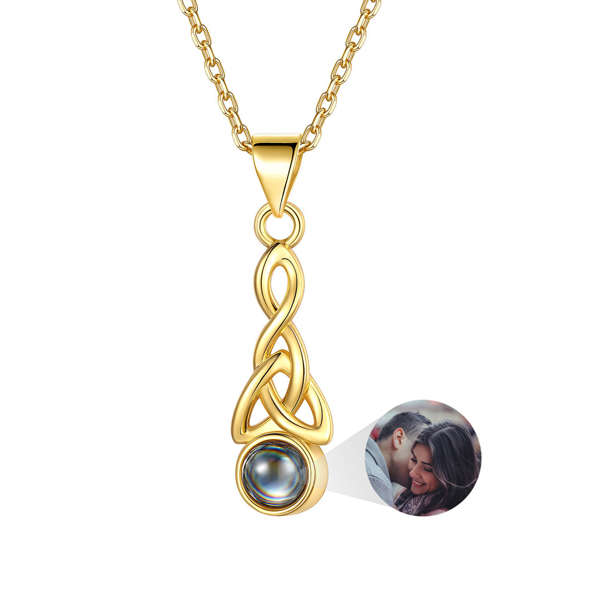 Gold Plated Custom Photo Projection Celtic Knot Cross Necklace for Women on a white background