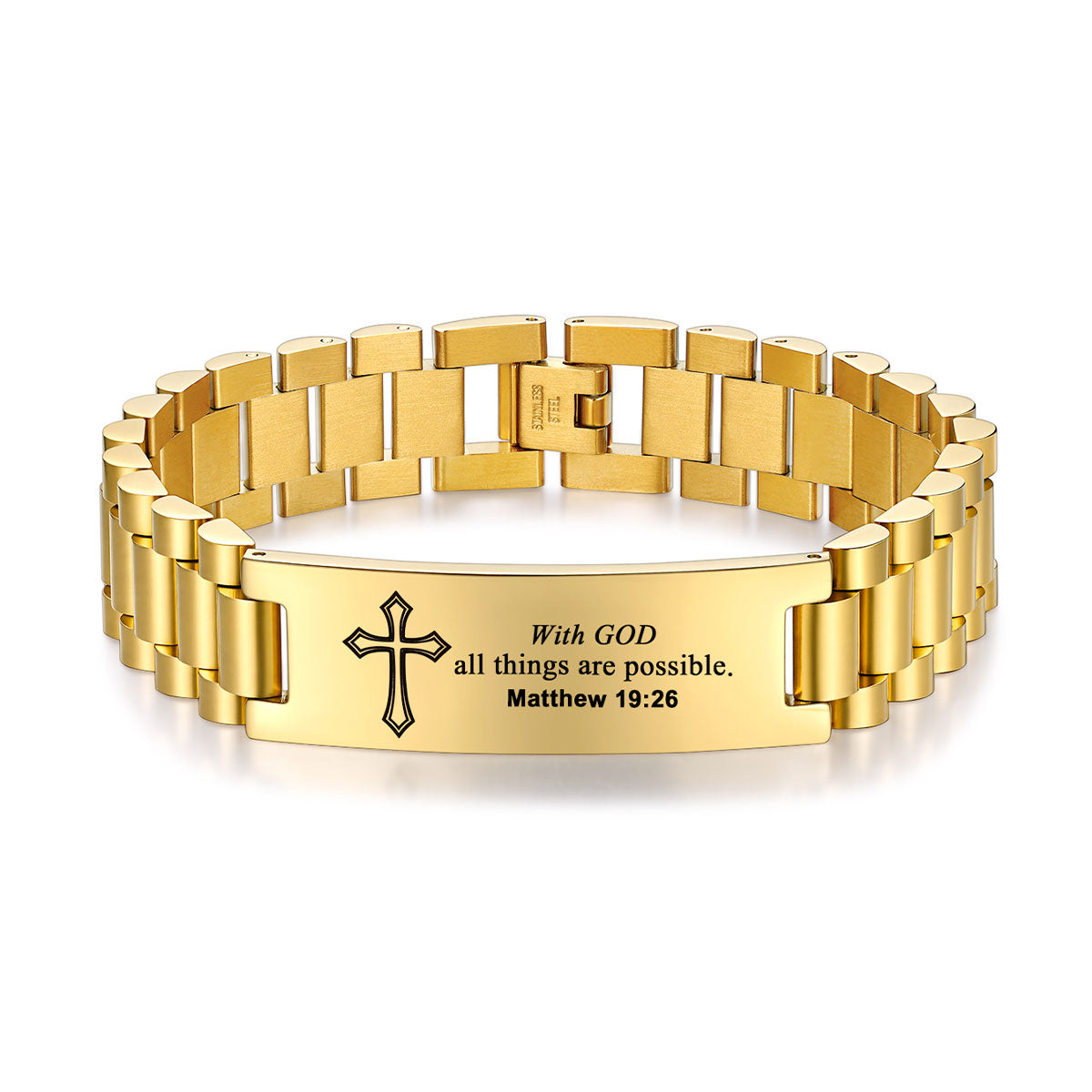 Gold Plated Personalized Engraved Cross Bracelet for Men and Women on a white background