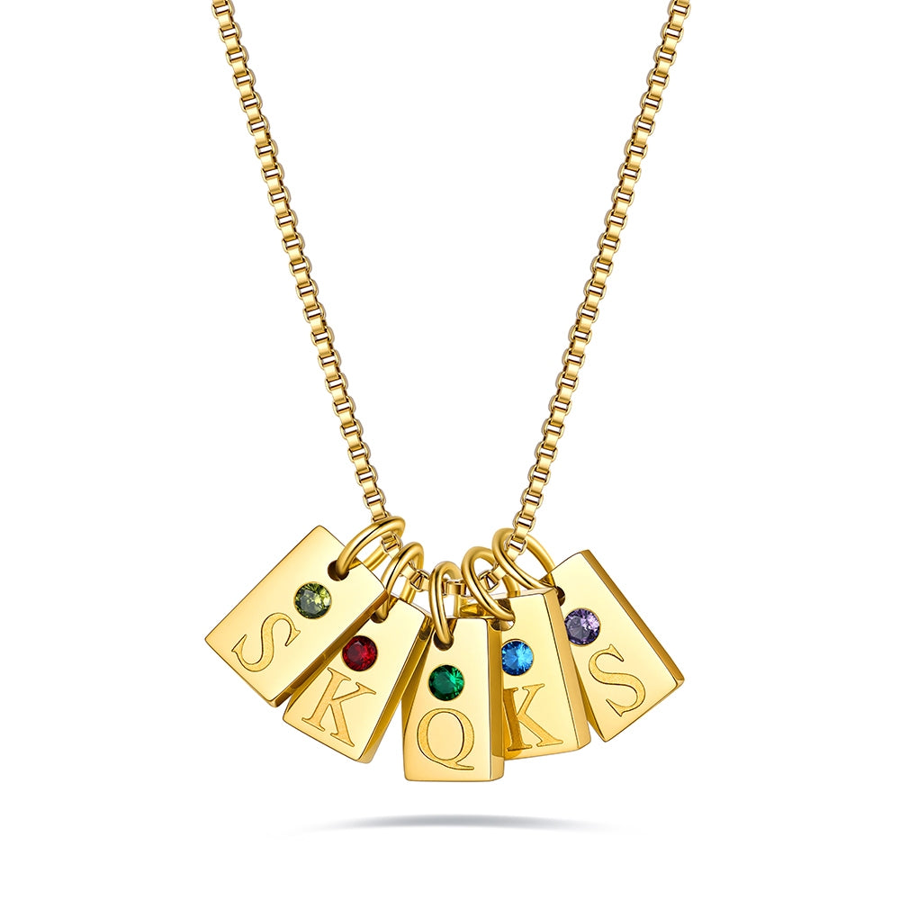 Gold Plated Personalized Initial Birthstone 5 Tags Necklace on a white background