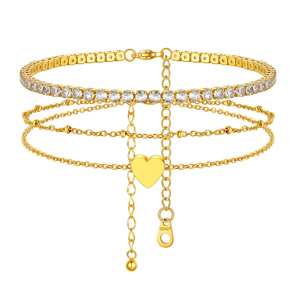 Gold Plated Tennis Beaded Heart Chain Ankle Bracelet Set of 2