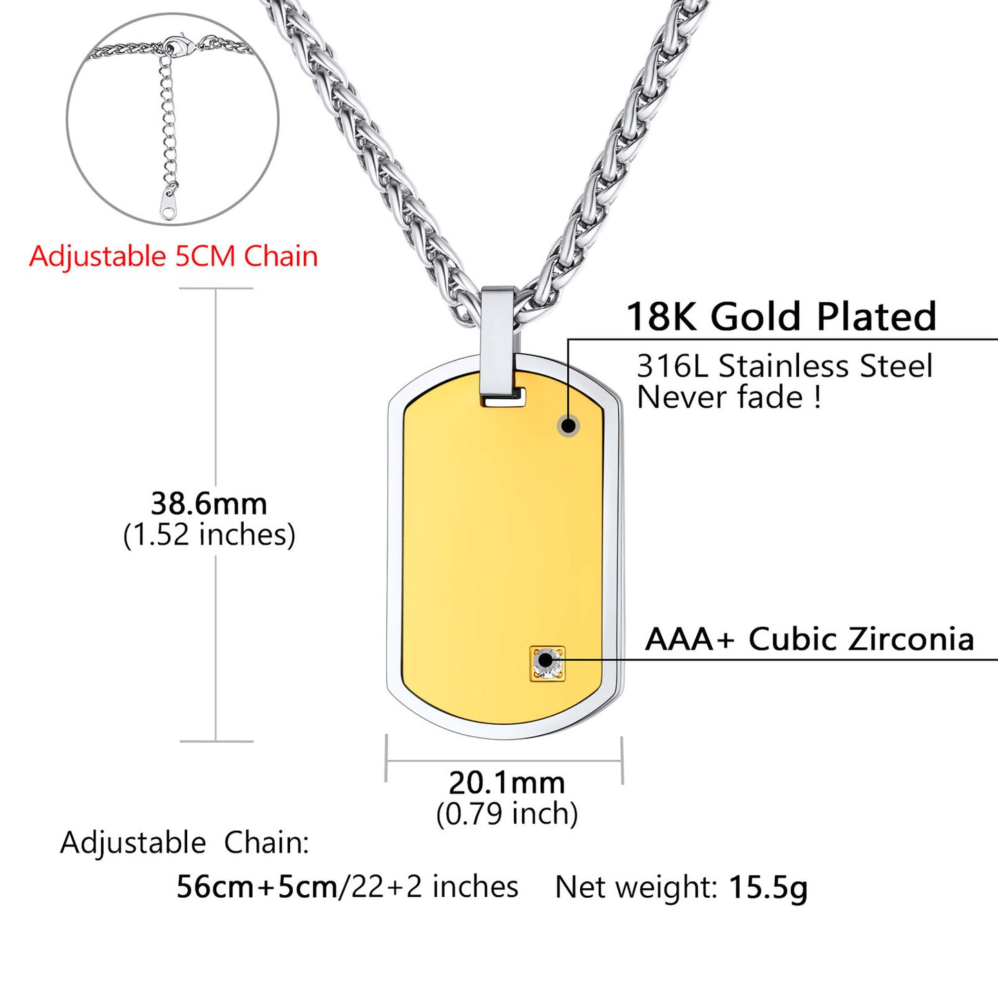 Gold dog tag necklace with measurements: Solid, Durable
