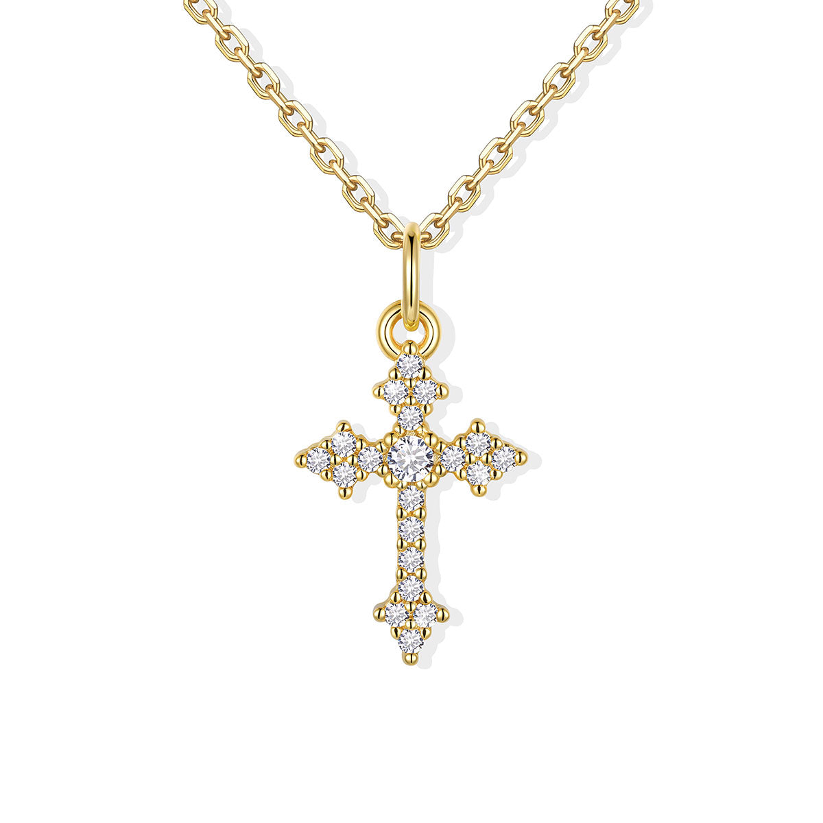 Gold cz cross pendant necklace with diamonds on a white background