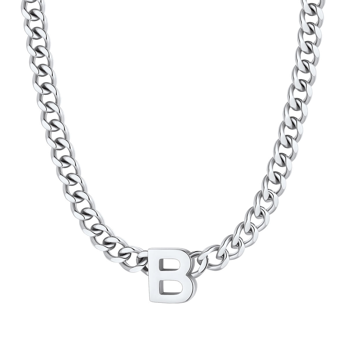 Initial B Cuban Chain Necklace Stainless Steel