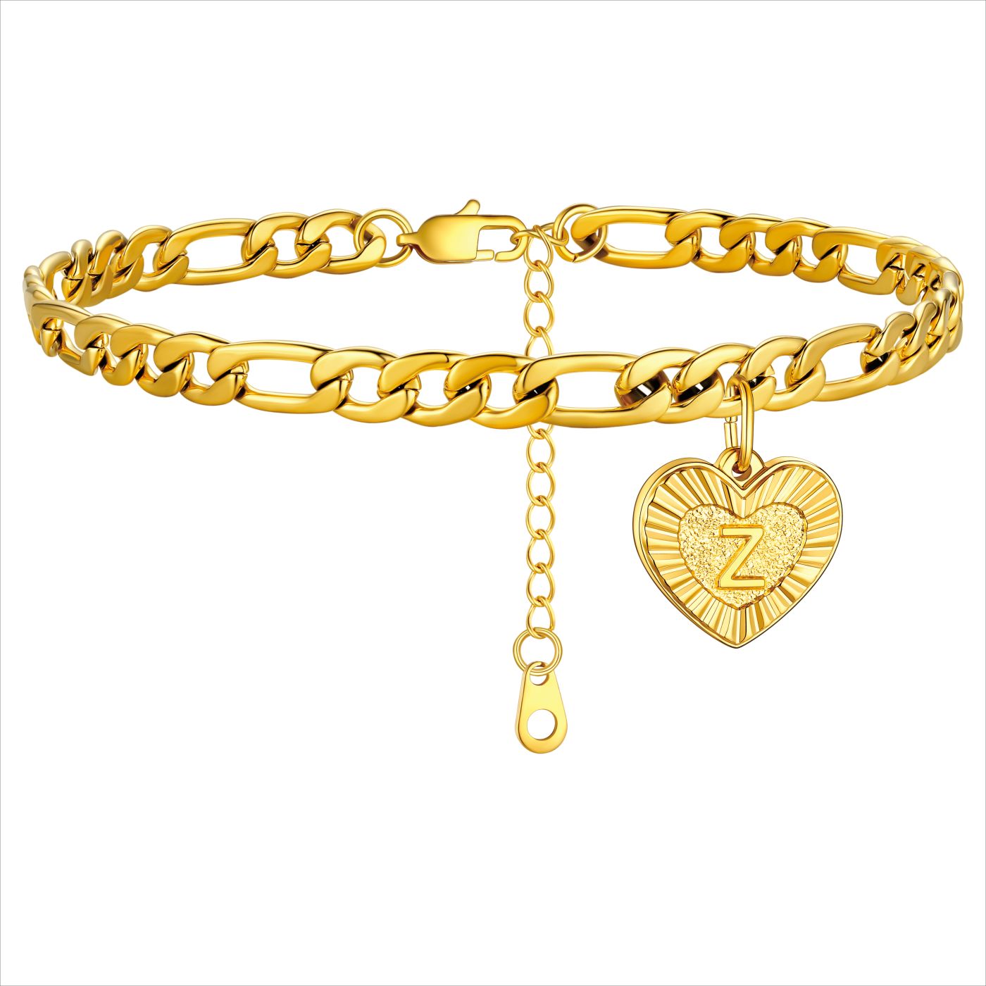 Initial Z Heart Charm Figaro Anklet Gold Plated