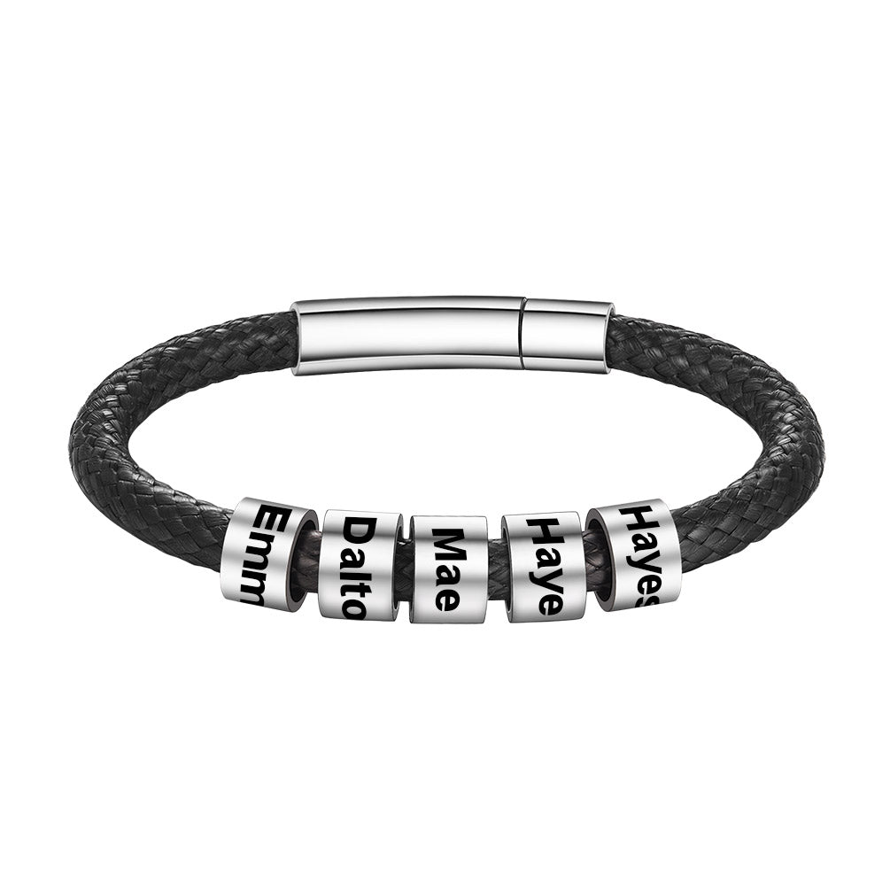 Leather Braided Rope Bracelet with Engraving 5 Beads
