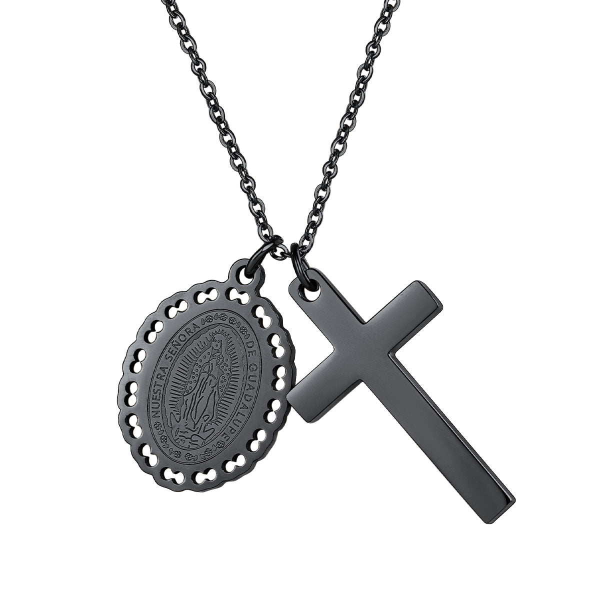 Medal Virgin Mary Necklaces with Cross Black Plated