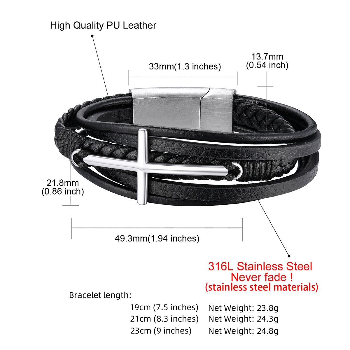 Mens Cross Leather Bracelet: Dimension, Durable, High Quality