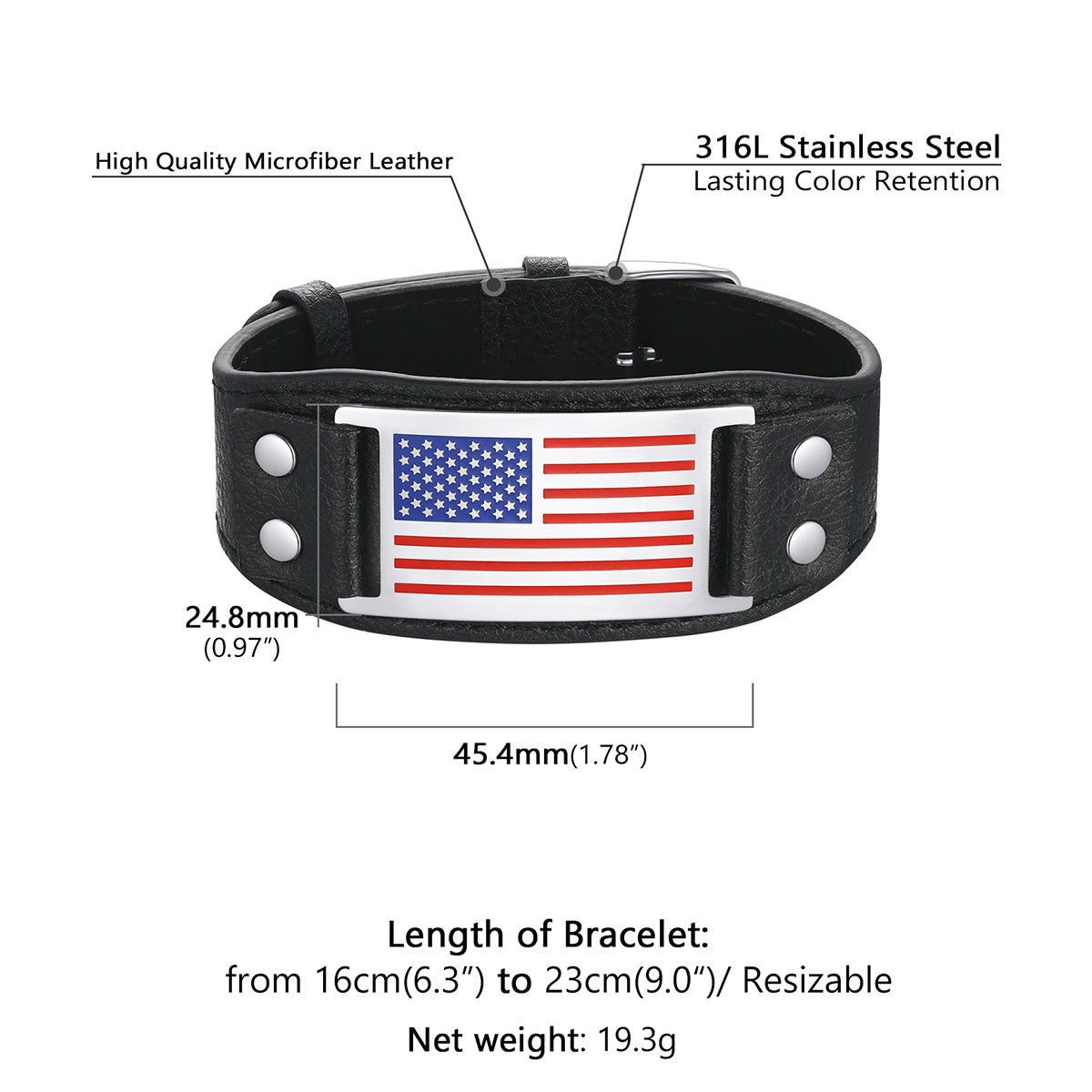 Mens USA Flag Leather Bracelet: Dimension, Resizable