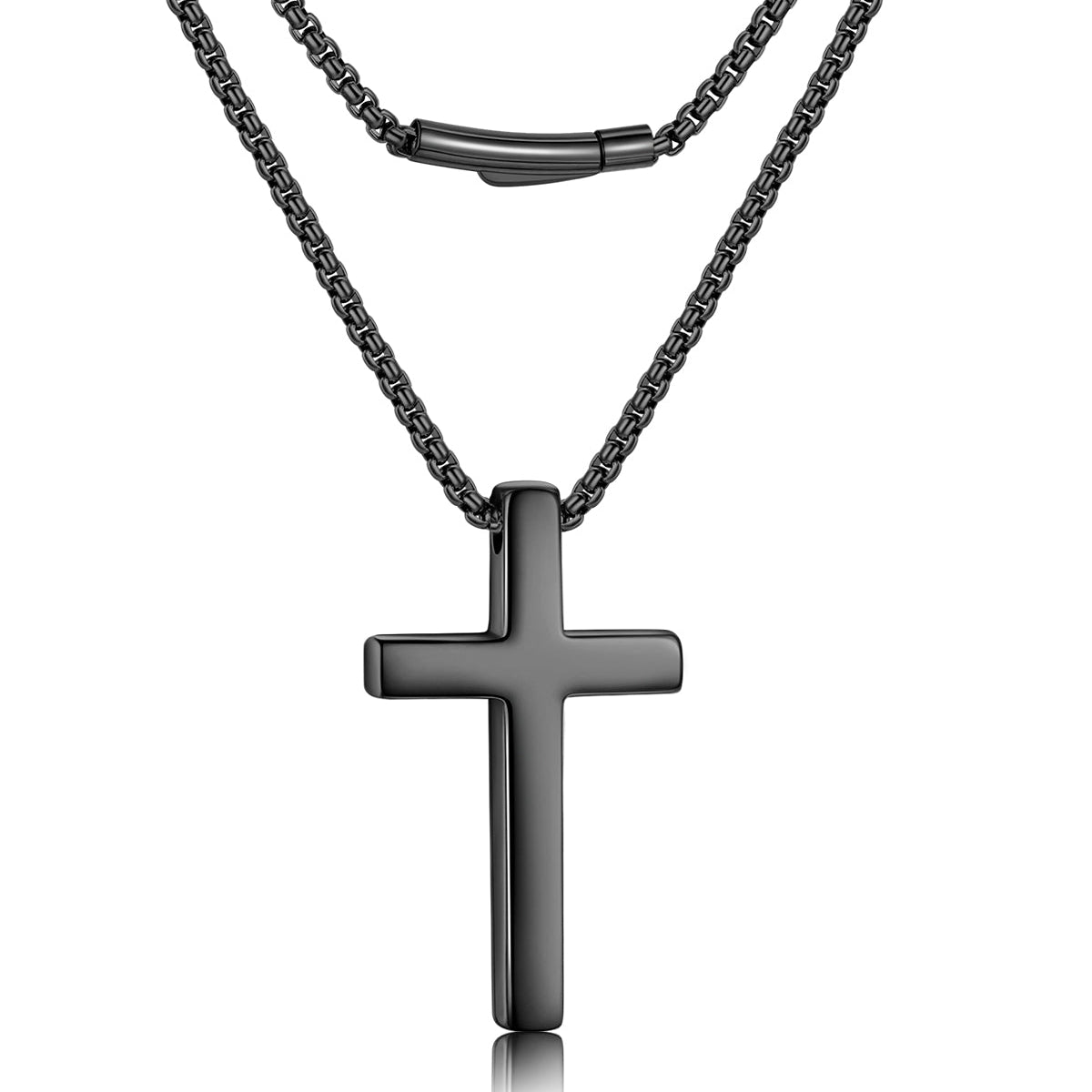 A double-strand black metal necklace featuring a classic cross pendant and a shorter chain with a curved bar clasp, shown against a plain white background.