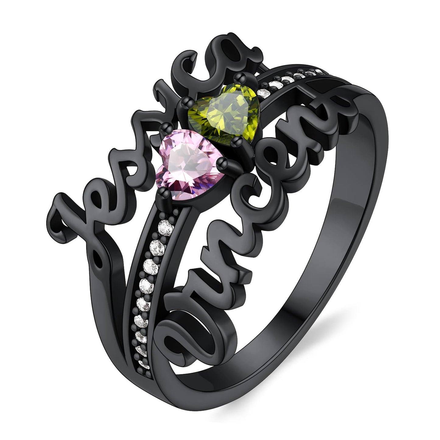 Personalized Name Rings With Heart Birthstone Black