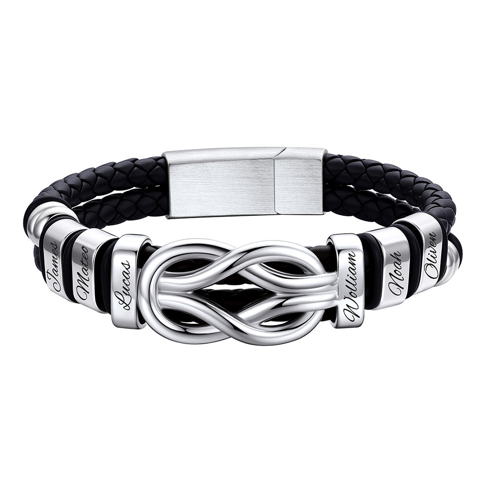 Personalized 6 Name Infinity Love Knot Leather Bracelet for Men on a white background