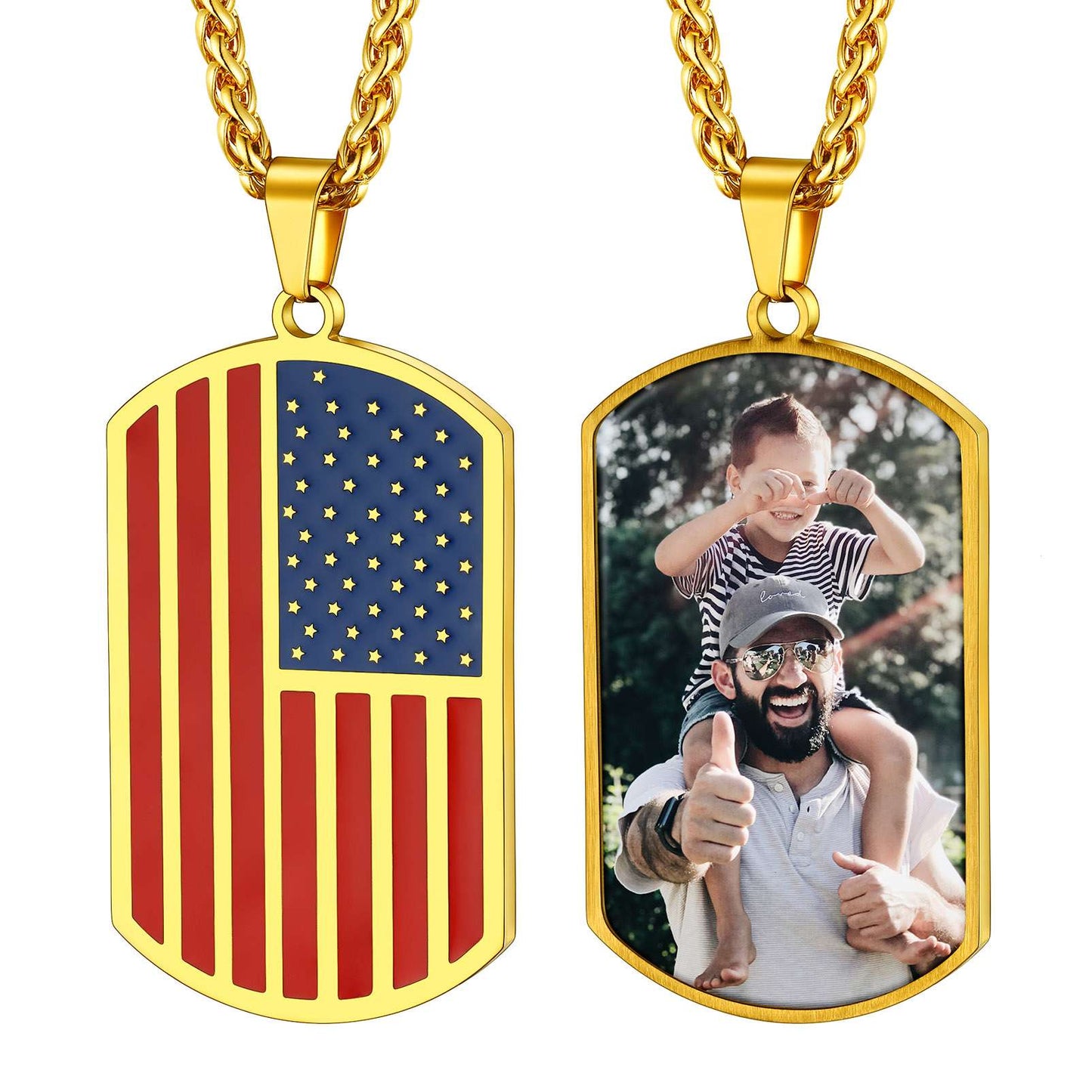Personalized American Flag Picture Necklace Gold Plated