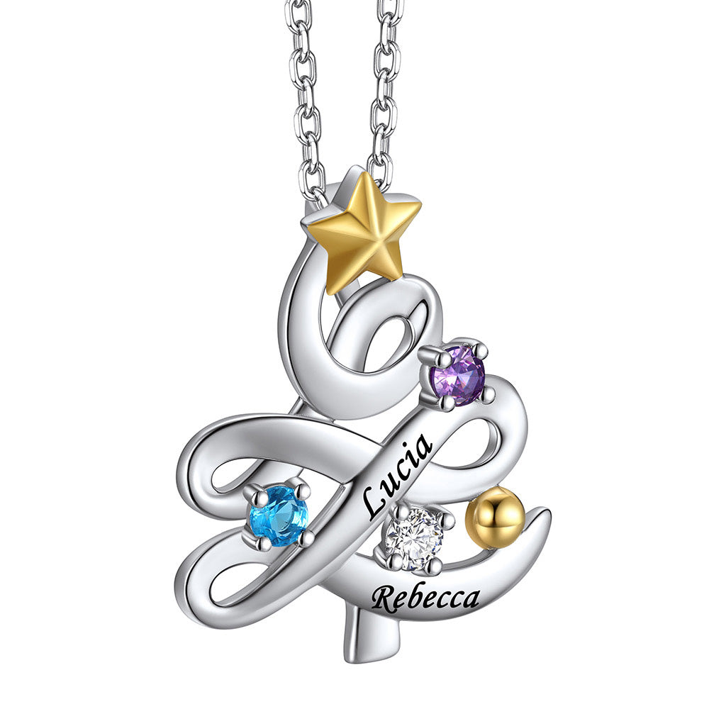 Personalized Birthstone Christmas Tree Pendant Necklace 3 stones