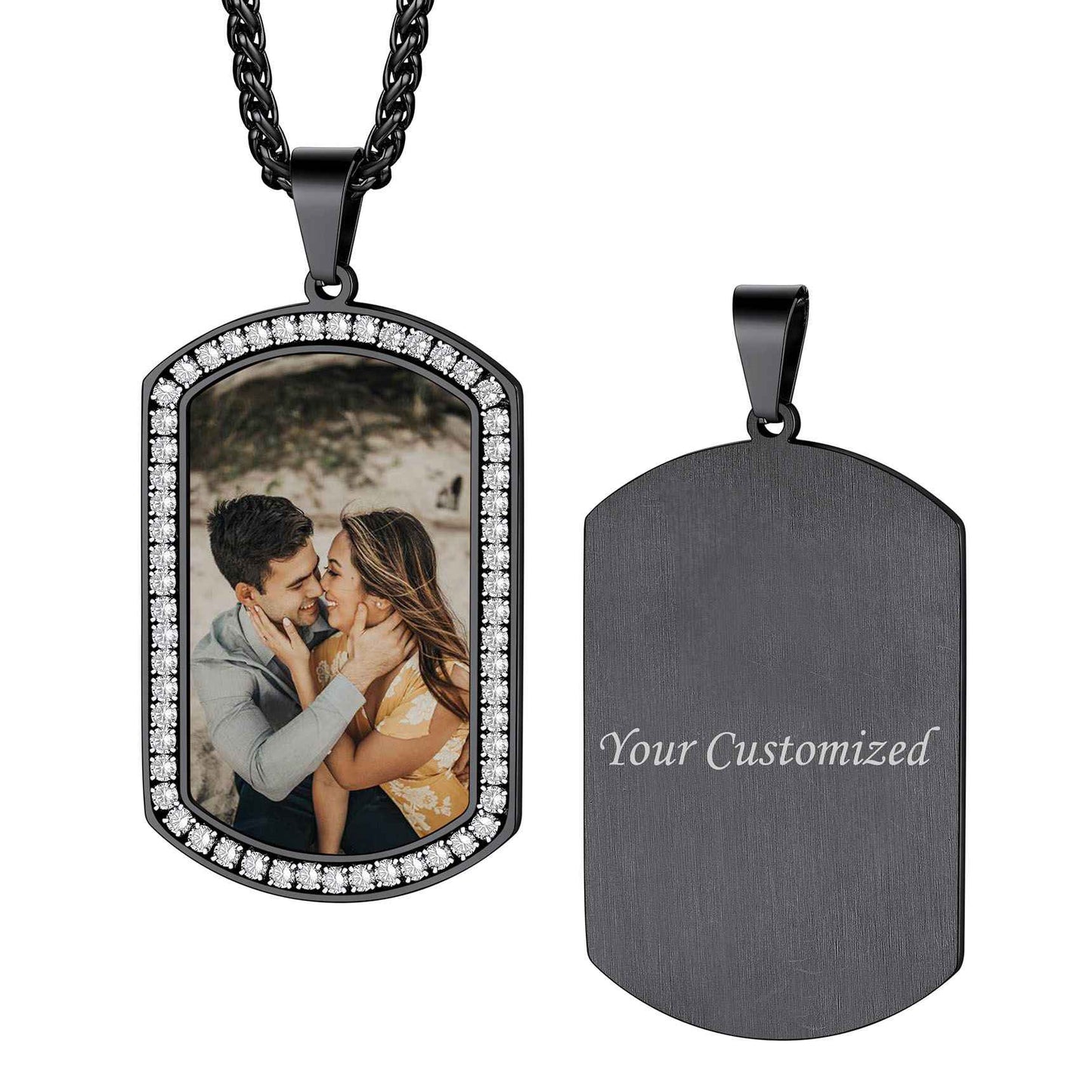 Personalized CZ Dog Tag Pictures Necklace for Men Women Black