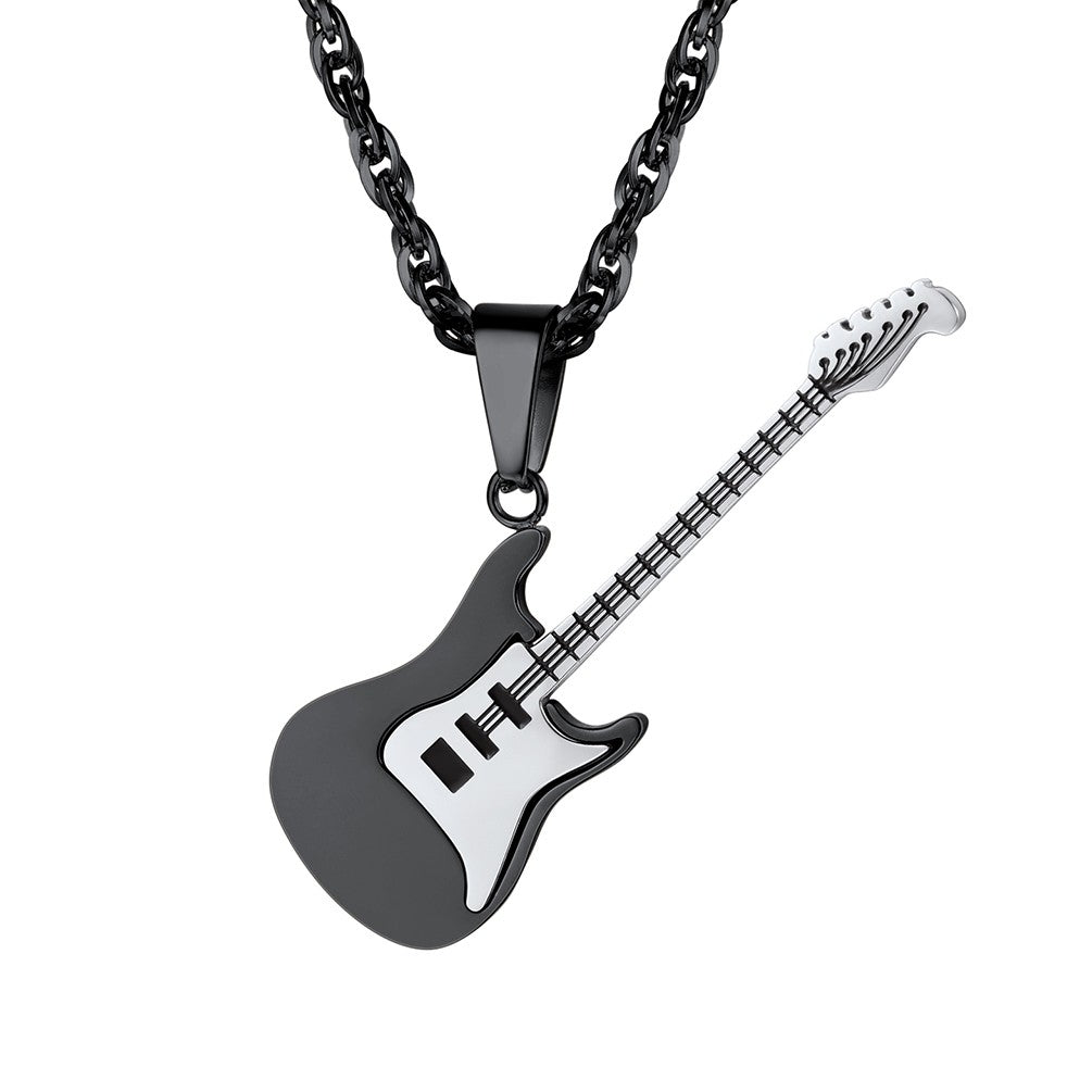 Personalized Engaving Guitar Pendant Necklace for Women Men black