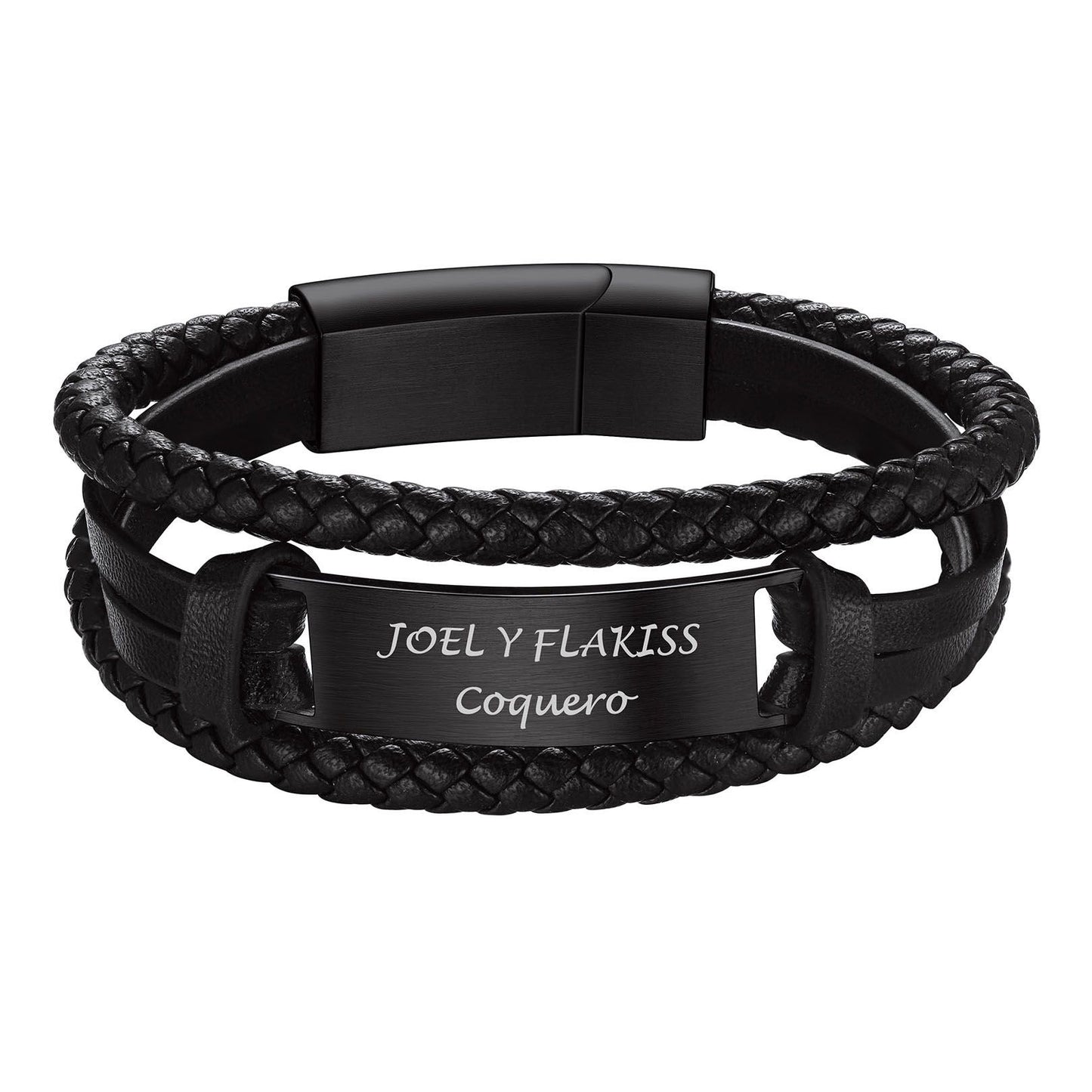 Personalized Engraved Leather Braided Bracelet Black Plated
