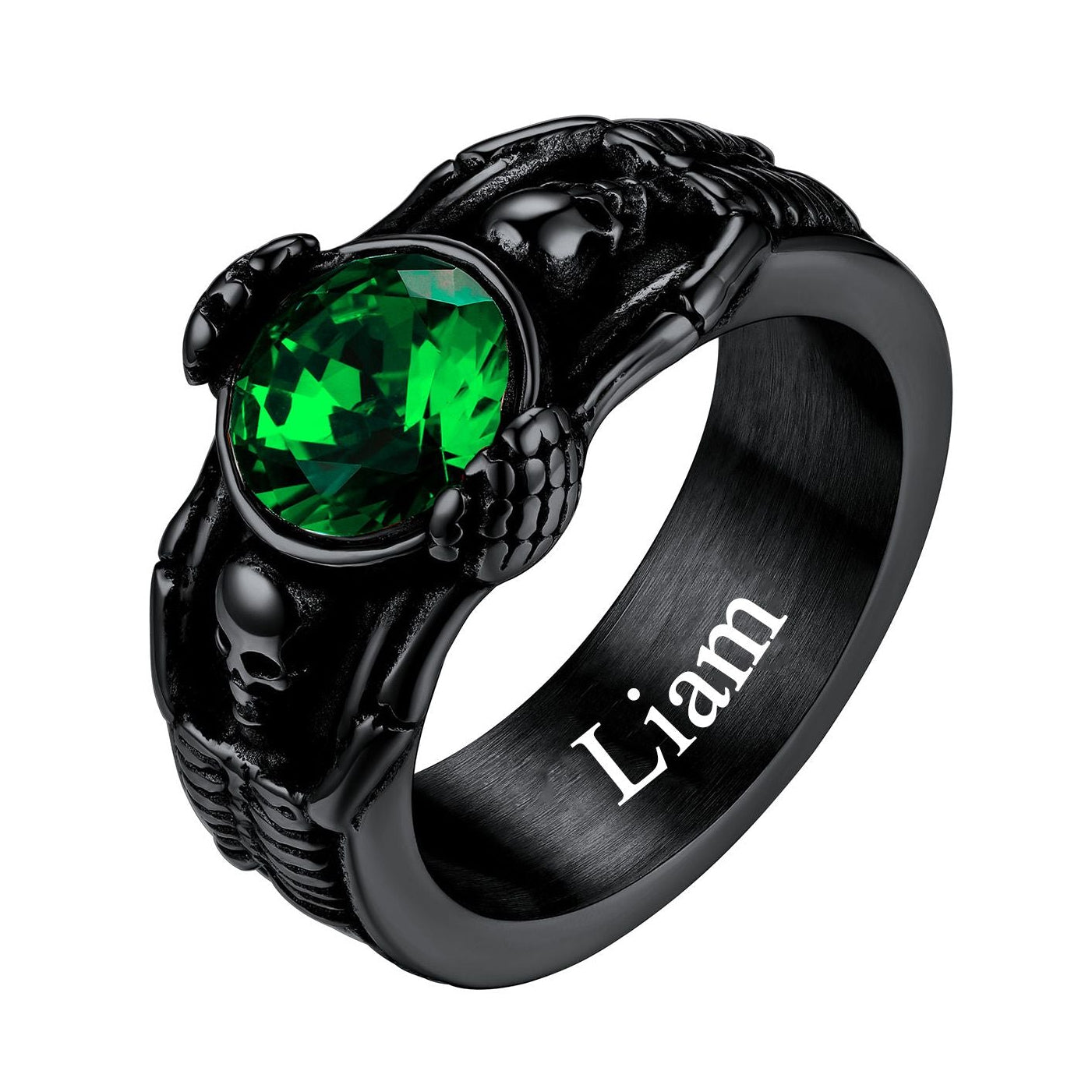 Personalized Engraving Skull Birthstone Band Ring Black