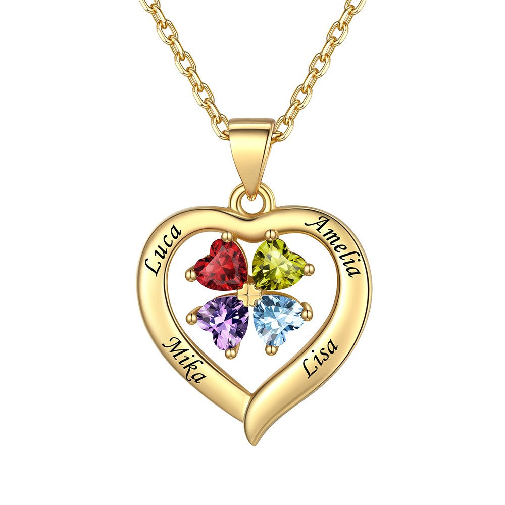 Personalized Four Leaf Clover Heart Birthstone Necklace 4 Gold Heart