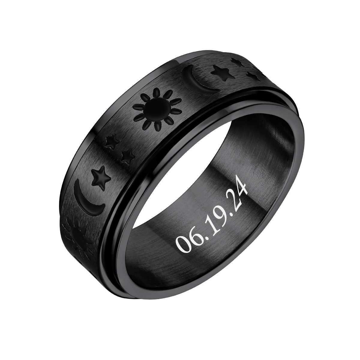 Personalized Moon Star Sun Rotatable Fidget Promise Ring Black Plated