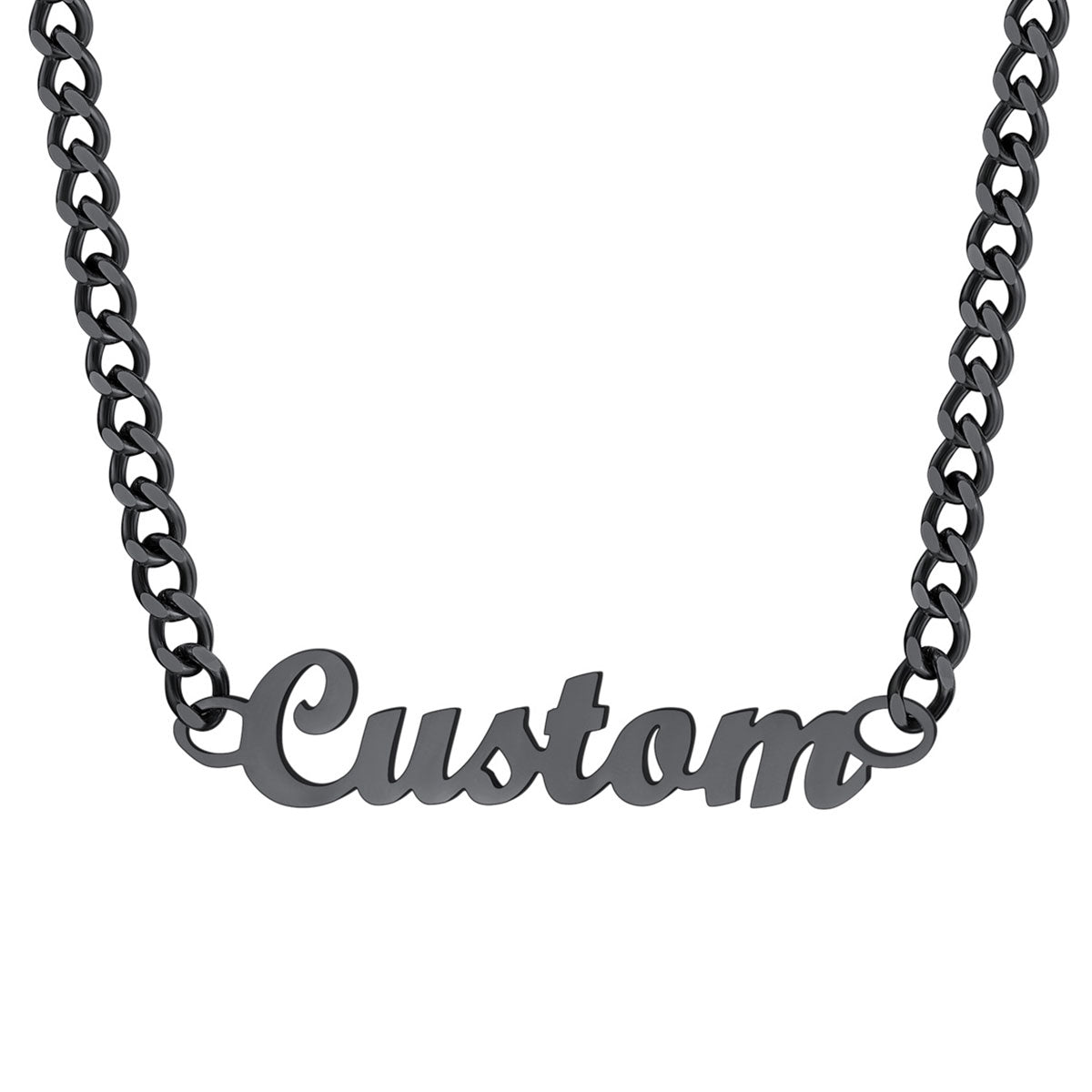 Black chain necklace with 'Custom' pendant on a white background